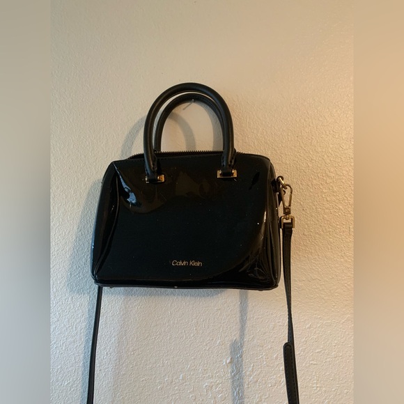 Calvin Klein Black Ashley Black Mini Satchel Purse Hand Bag Duffel Embossed Logo - Picture 2 of 10